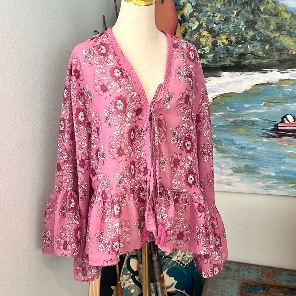 Rebellion Again,Floral Blouse Oversized Boho,Tie-Close Pink Top, Size Small